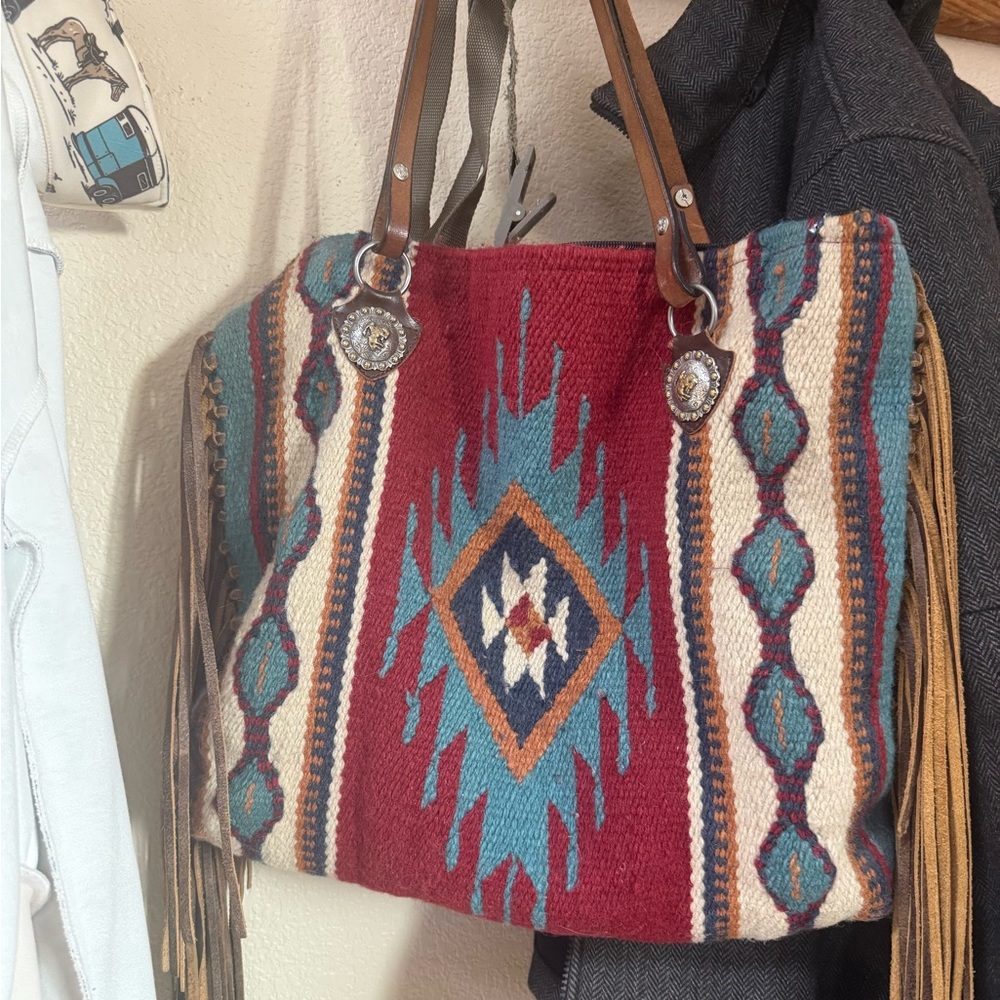 Saddleblanket Red and Blue Tote with Fringe and conchos